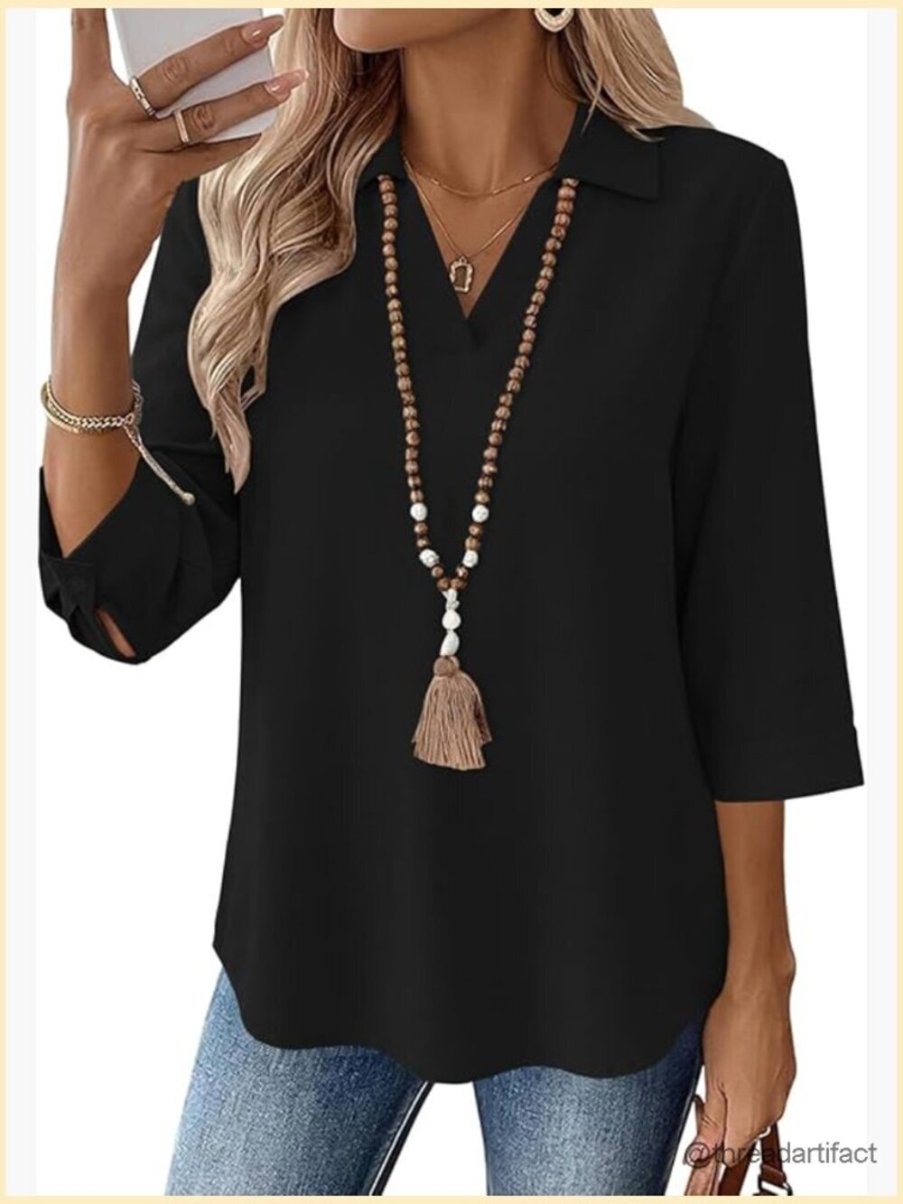 3/4 Sleeve V Neck Cotton Linen Blouse Business Casual Tunic Top